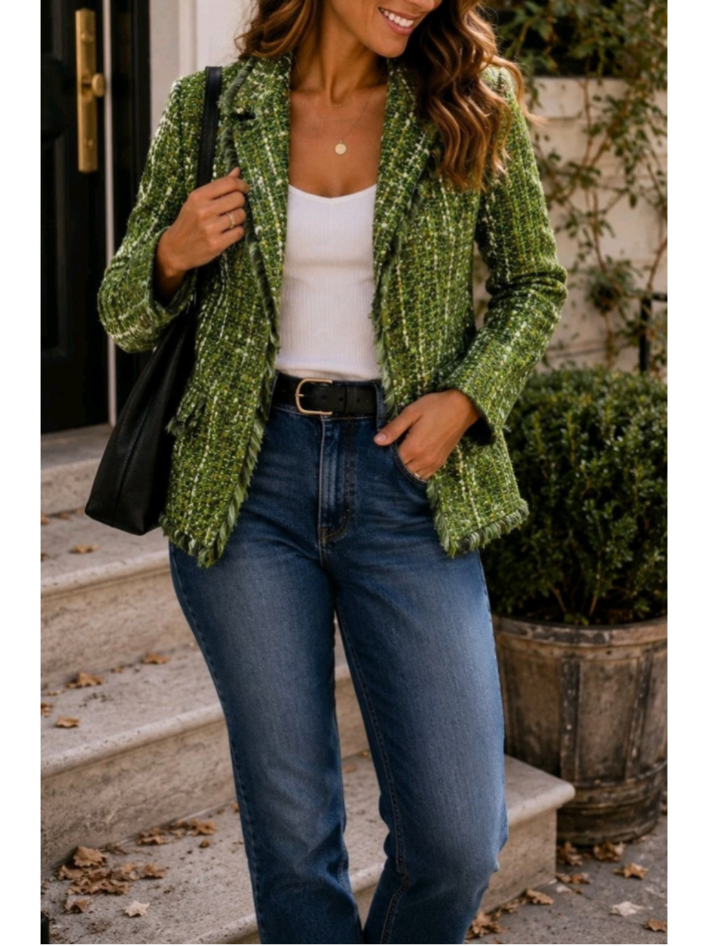 VTG Debbie Shuchat Green Tweed Fringe Open Front Blazer Jacket Sz 12 Canada Wool